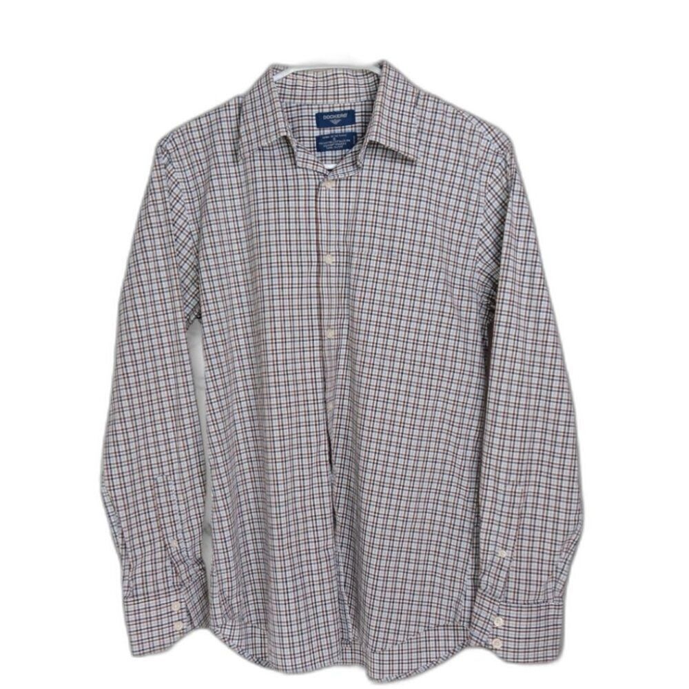 DOCKERS Men’s Blue Brown Plaid Button Up Shirt Small Vintage Classic